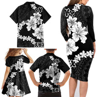 American Samoa Lotu Tamaiti Family Matching Long Sleeve Bodycon Dress and Hawaiian Shirt White Sunday Plumeria Black Vibe