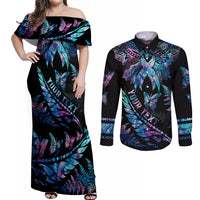 Personalised Polynesia Ribbon Butterflies Couples Matching Off Shoulder Maxi Dress and Long Sleeve Button Shirts Silver Fern Breast Cancer With Papua Shell Pattern LT9 Black - Polynesian Pride