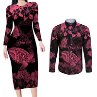Personalised Polynesian Turtle Ribbon Couples Matching Long Sleeve Bodycon Dress and Long Sleeve Button Shirts Think Pink Breast Cancer With Pacific Hibiscus LT9 Pink - Polynesian Pride