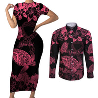 Personalised Polynesian Turtle Ribbon Couples Matching Short Sleeve Bodycon Dress and Long Sleeve Button Shirts Think Pink Breast Cancer With Pacific Hibiscus LT9 Pink - Polynesian Pride