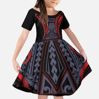 Custom New Zealand Family Matching Off Shoulder Maxi Dress and Hawaiian Shirt Maori Kiwiana Pattern Tukutuku Motif LT9 Daughter's Dress Red - Polynesian Pride