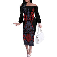 Custom New Zealand Off The Shoulder Long Sleeve Dress Maori Kiwiana Pattern Tukutuku Motif LT9 Women Red - Polynesian Pride