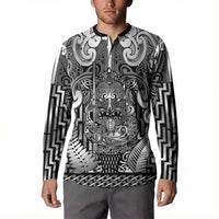 Custom New Zealand Taiaha Maori Button Sweatshirt Kiwikiwi Minimalist Silver Fern Tukutuku Motif LT9 - Polynesian Pride