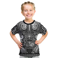 Custom New Zealand Taiaha Maori Kid T Shirt Kiwikiwi Minimalist Silver Fern Tukutuku Motif LT9 White - Polynesian Pride
