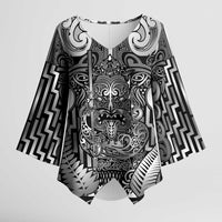 Custom New Zealand Taiaha Maori Kimono Sleeve Blouse Kiwikiwi Minimalist Silver Fern Tukutuku Motif LT9 Female White - Polynesian Pride