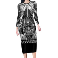 Custom New Zealand Taiaha Maori Long Sleeve Bodycon Dress Kiwikiwi Minimalist Silver Fern Tukutuku Motif LT9 Long Dress White - Polynesian Pride