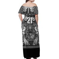 Custom New Zealand Taiaha Maori Off Shoulder Maxi Dress Kiwikiwi Minimalist Silver Fern Tukutuku Motif LT9 - Polynesian Pride