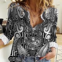 Custom New Zealand Taiaha Maori Women Casual Shirt Kiwikiwi Minimalist Silver Fern Tukutuku Motif LT9 Female White - Polynesian Pride