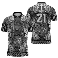 Custom New Zealand Taiaha Maori Zipper Polo Shirt Kiwikiwi Minimalist Silver Fern Tukutuku Motif