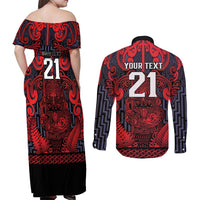 Custom New Zealand Taiaha Maori Couples Matching Off Shoulder Maxi Dress and Long Sleeve Button Shirt Whero Minimalist Silver Fern Tukutuku Motif LT9 - Polynesian Pride