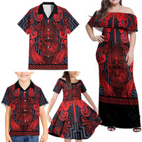 Custom New Zealand Taiaha Maori Family Matching Off Shoulder Maxi Dress and Hawaiian Shirt Whero Minimalist Silver Fern Tukutuku Motif LT9 - Polynesian Pride