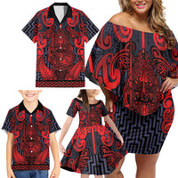 Custom New Zealand Taiaha Maori Family Matching Off Shoulder Short Dress and Hawaiian Shirt Whero Minimalist Silver Fern Tukutuku Motif LT9 - Polynesian Pride