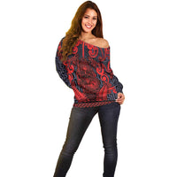 Custom New Zealand Taiaha Maori Off Shoulder Sweater Whero Minimalist Silver Fern Tukutuku Motif