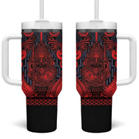 Custom New Zealand Taiaha Maori Tumbler With Handle Whero Minimalist Silver Fern Tukutuku Motif LT9 One Size: 40 oz Red - Polynesian Pride