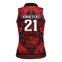 Custom New Zealand Taiaha Maori Women Sleeveless Polo Shirt Whero Minimalist Silver Fern Tukutuku Motif