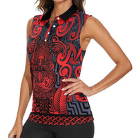 Custom New Zealand Taiaha Maori Women Sleeveless Polo Shirt Whero Minimalist Silver Fern Tukutuku Motif