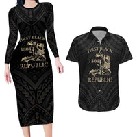 Personalized Haiti First Black Republic Couples Matching Long Sleeve Bodycon Dress and Hawaiian Shirt Negre Marron With Map And Flag LT9 Black - Polynesian Pride