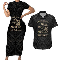 Personalized Haiti First Black Republic Couples Matching Short Sleeve Bodycon Dress and Hawaiian Shirt Negre Marron With Map And Flag LT9 Black - Polynesian Pride