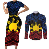 Personalized Philippines Couples Matching Short Sleeve Bodycon Dress and Long Sleeve Button Shirt Polynesian Tribal Tattoo with Filipino Flag Motif