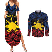 Personalized Philippines Couples Matching Summer Maxi Dress and Long Sleeve Button Shirt Polynesian Tribal Tattoo with Filipino Flag Motif