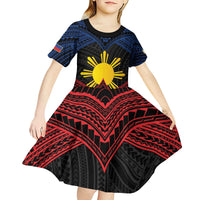 Personalized Philippines Kid Short Sleeve Dress Polynesian Tribal Tattoo with Filipino Flag Motif