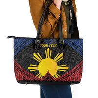 Personalized Philippines Leather Tote Bag Polynesian Tribal Tattoo with Filipino Flag Motif