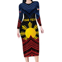 Personalized Philippines Long Sleeve Bodycon Dress Polynesian Tribal Tattoo with Filipino Flag Motif