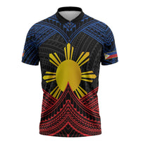 Personalized Philippines Zipper Polo Shirt Polynesian Tribal Tattoo with Filipino Flag Motif - Polynesian Pride