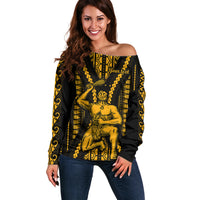 Personalised Aotearoa Father's Day Gift For Dad Off Shoulder Sweater Aroha Ahau Ki A Koe Papa - Gold Maori Style Pattern LT9 Women Gold - Polynesian Pride