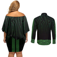 New Zealand Maori Kowhaiwhai Couples Matching Off Shoulder Short Dress and Long Sleeve Button Shirt Kakariki Maui and Mangopare LT9 - Polynesian Pride