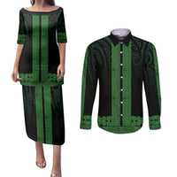 New Zealand Maori Kowhaiwhai Couples Matching Puletasi and Long Sleeve Button Shirt Kakariki Maui and Mangopare LT9 Green - Polynesian Pride