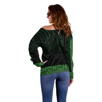New Zealand Maori Kowhaiwhai Off Shoulder Sweater Kakariki Maui and Mangopare