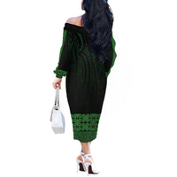 New Zealand Maori Kowhaiwhai Off The Shoulder Long Sleeve Dress Kakariki Maui and Mangopare