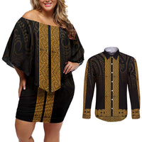 New Zealand Maori Kowhaiwhai Couples Matching Off Shoulder Short Dress and Long Sleeve Button Shirt Karaka Maui and Mangopare LT9 Gold - Polynesian Pride