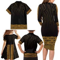 New Zealand Maori Kowhaiwhai Family Matching Long Sleeve Bodycon Dress and Hawaiian Shirt Karaka Maui and Mangopare