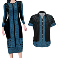 New Zealand Maori Kowhaiwhai Couples Matching Long Sleeve Bodycon Dress and Hawaiian Shirt Kikorangi Maui and Mangopare