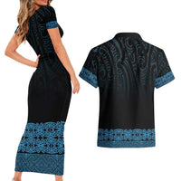New Zealand Maori Kowhaiwhai Couples Matching Short Sleeve Bodycon Dress and Hawaiian Shirt Kikorangi Maui and Mangopare