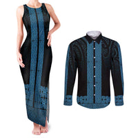 New Zealand Maori Kowhaiwhai Couples Matching Tank Maxi Dress and Long Sleeve Button Shirt Kikorangi Maui and Mangopare LT9 Blue - Polynesian Pride
