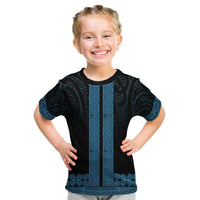 New Zealand Maori Kowhaiwhai Kid T Shirt Kikorangi Maui and Mangopare LT9 Blue - Polynesian Pride