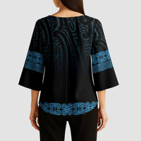 New Zealand Maori Kowhaiwhai Kimono Sleeve Blouse Kikorangi Maui and Mangopare - Polynesian Pride