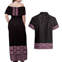 New Zealand Maori Kowhaiwhai Couples Matching Off Shoulder Maxi Dress and Hawaiian Shirt Mawhero Maui and Mangopare