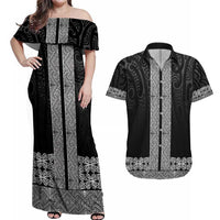 New Zealand Maori Kowhaiwhai Couples Matching Off Shoulder Maxi Dress and Hawaiian Shirt Pango Maui and Mangopare
