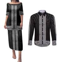 New Zealand Maori Kowhaiwhai Couples Matching Puletasi and Long Sleeve Button Shirt Pango Maui and Mangopare