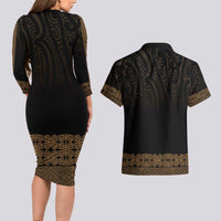 New Zealand Maori Kowhaiwhai Couples Matching Long Sleeve Bodycon Dress and Hawaiian Shirt Parauri Maui and Mangopare