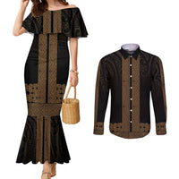 New Zealand Maori Kowhaiwhai Couples Matching Mermaid Dress and Long Sleeve Button Shirt Parauri Maui and Mangopare LT9 Brown - Polynesian Pride