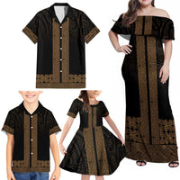 New Zealand Maori Kowhaiwhai Family Matching Off Shoulder Maxi Dress and Hawaiian Shirt Parauri Maui and Mangopare