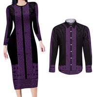 New Zealand Maori Kowhaiwhai Couples Matching Long Sleeve Bodycon Dress and Long Sleeve Button Shirt Waiporoporo Maui and Mangopare LT9 Purple - Polynesian Pride