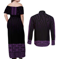New Zealand Maori Kowhaiwhai Couples Matching Off Shoulder Maxi Dress and Long Sleeve Button Shirt Waiporoporo Maui and Mangopare LT9 - Polynesian Pride