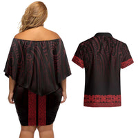 New Zealand Maori Kowhaiwhai Couples Matching Off Shoulder Short Dress and Hawaiian Shirt Whero Maui and Mangopare