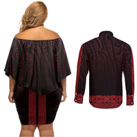 New Zealand Maori Kowhaiwhai Couples Matching Off Shoulder Short Dress and Long Sleeve Button Shirt Whero Maui and Mangopare LT9 - Polynesian Pride